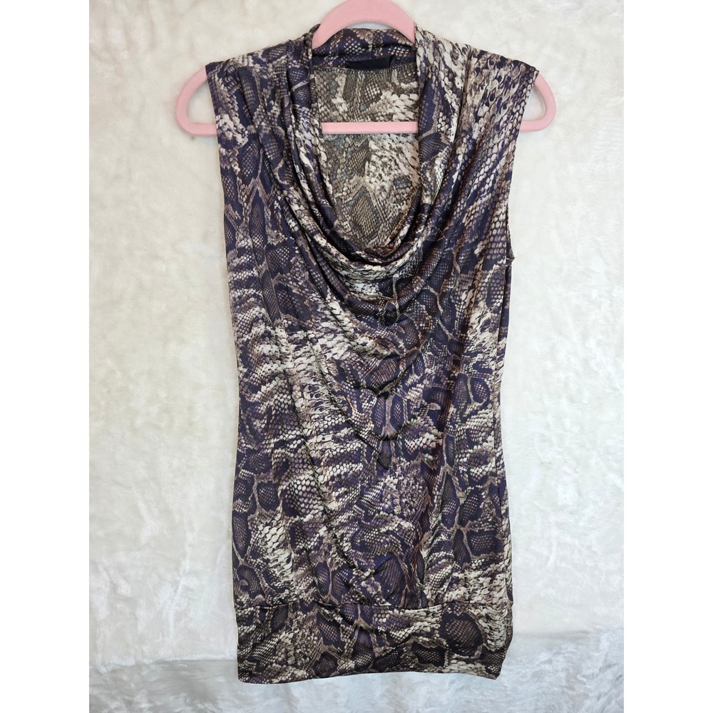 Luna Tiks Womens Snakeskin Cowl Neck Ruched Sleeveless Top Brown Tan Size‎ L
